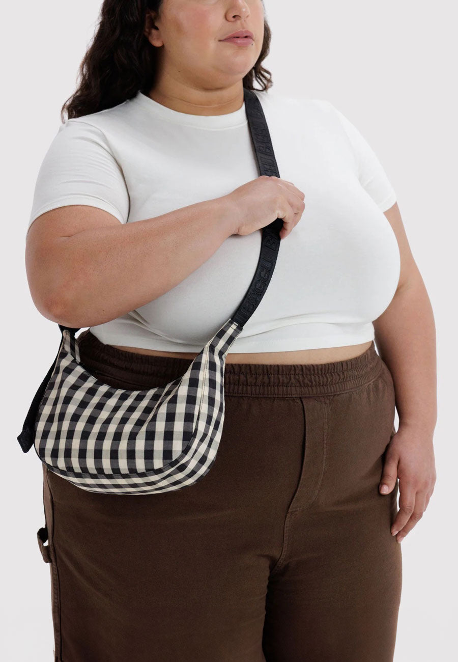 Baggu Small Nylon Crescent Bag Black and Cream Gingham