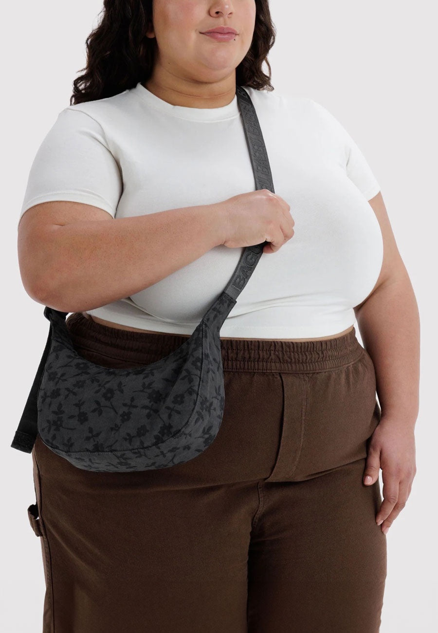 Baggu Small Nylon Crescent Bag Charcoal Ditsy Floral