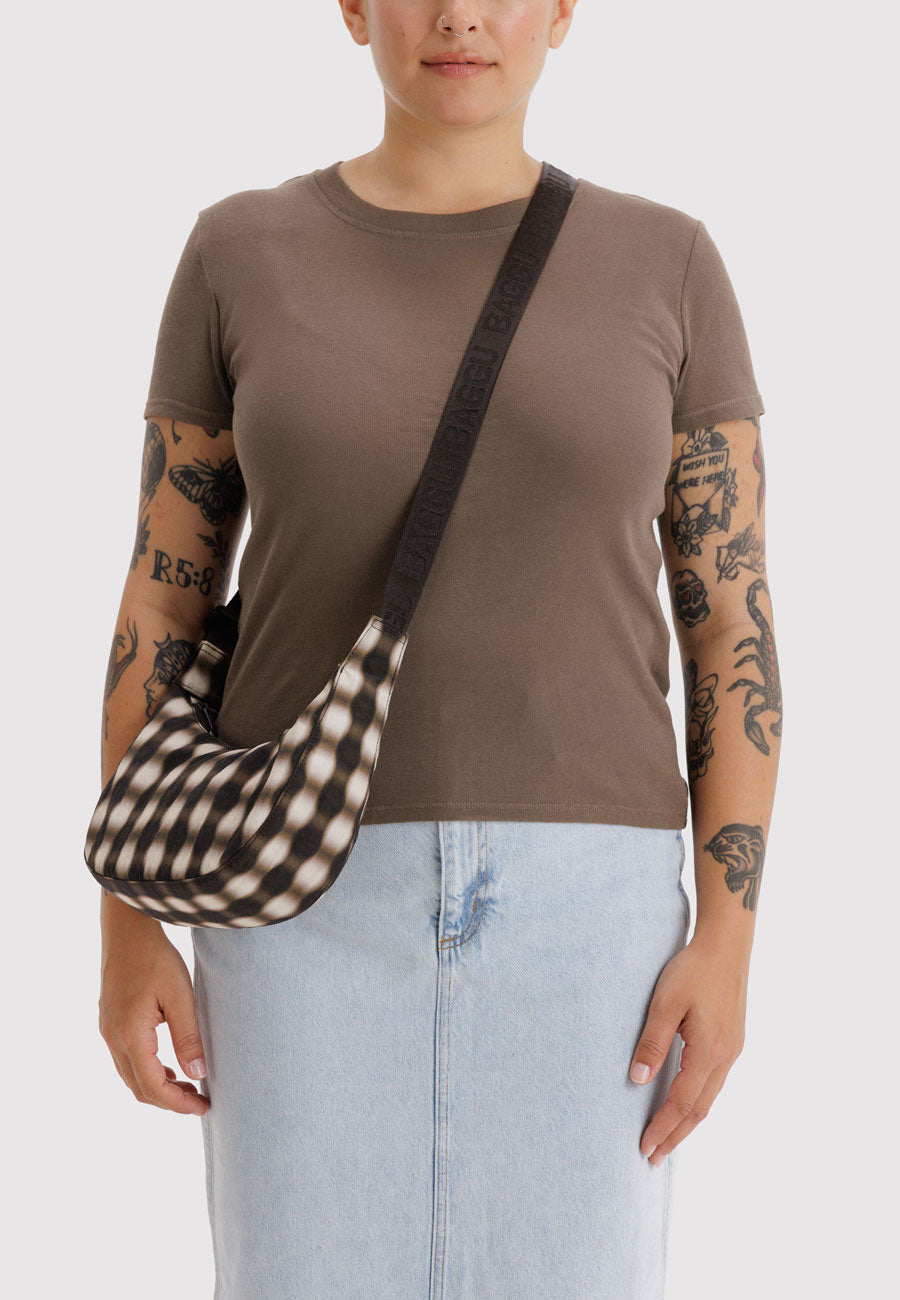 Baggu Small Nylon Crescent Bag Blurred Gingham Brown
