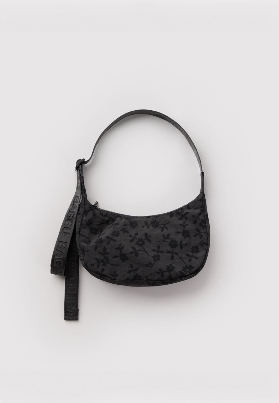 Baggu Small Nylon Crescent Bag Charcoal Ditsy Floral