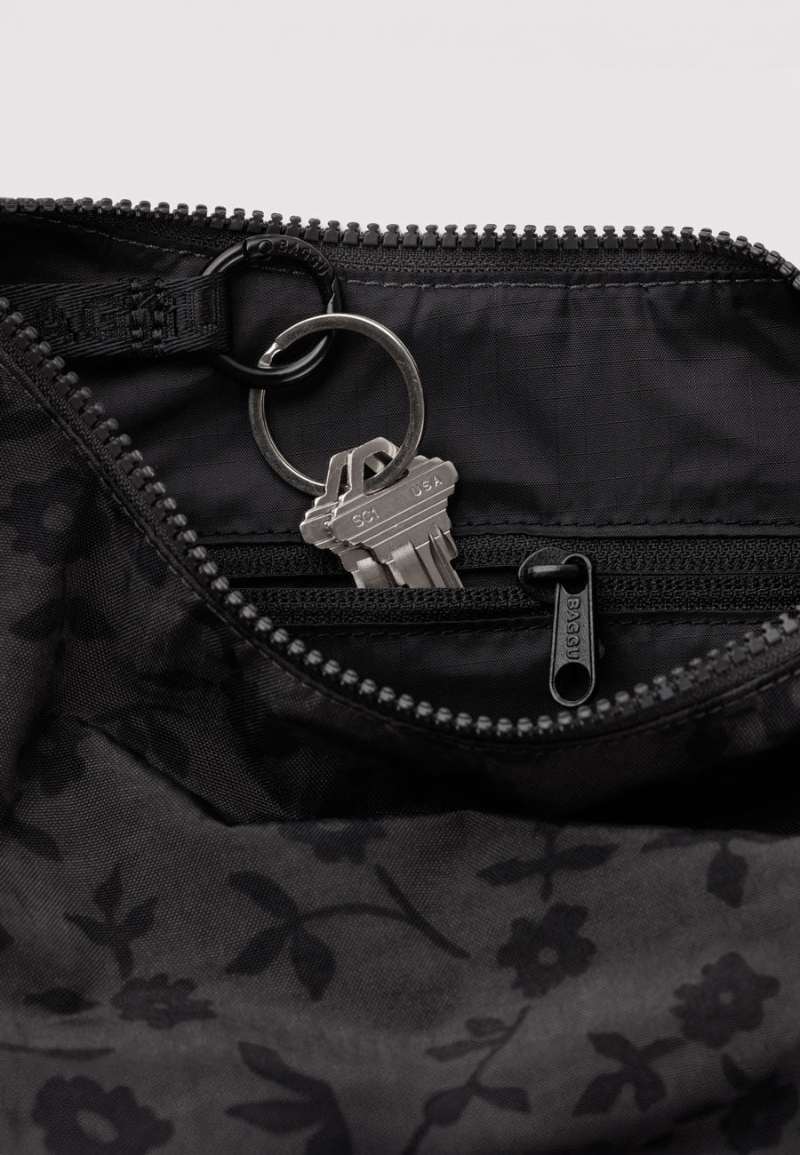 Baggu Small Nylon Crescent Bag Charcoal Ditsy Floral